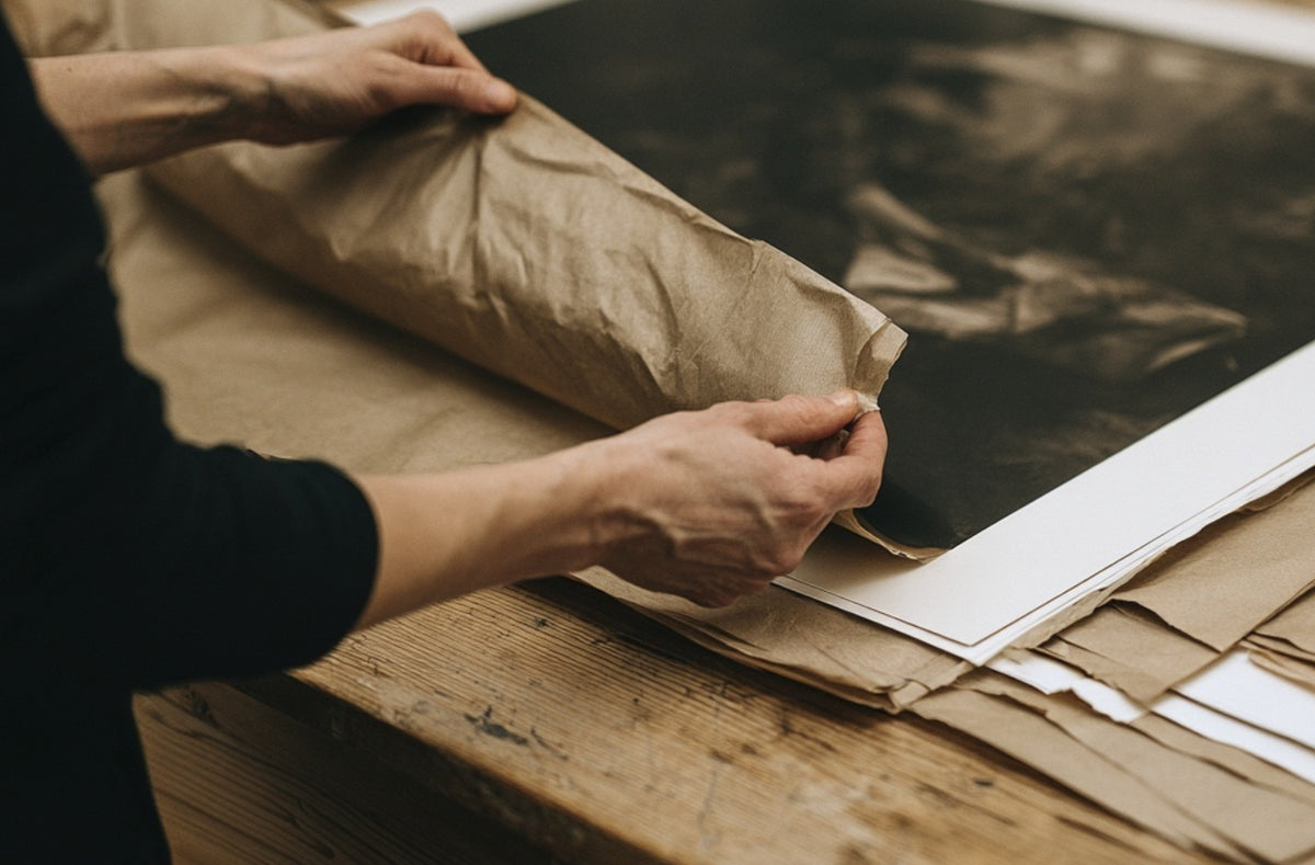 Hands folding brown kraft paper around a fine art print on an old wooden table