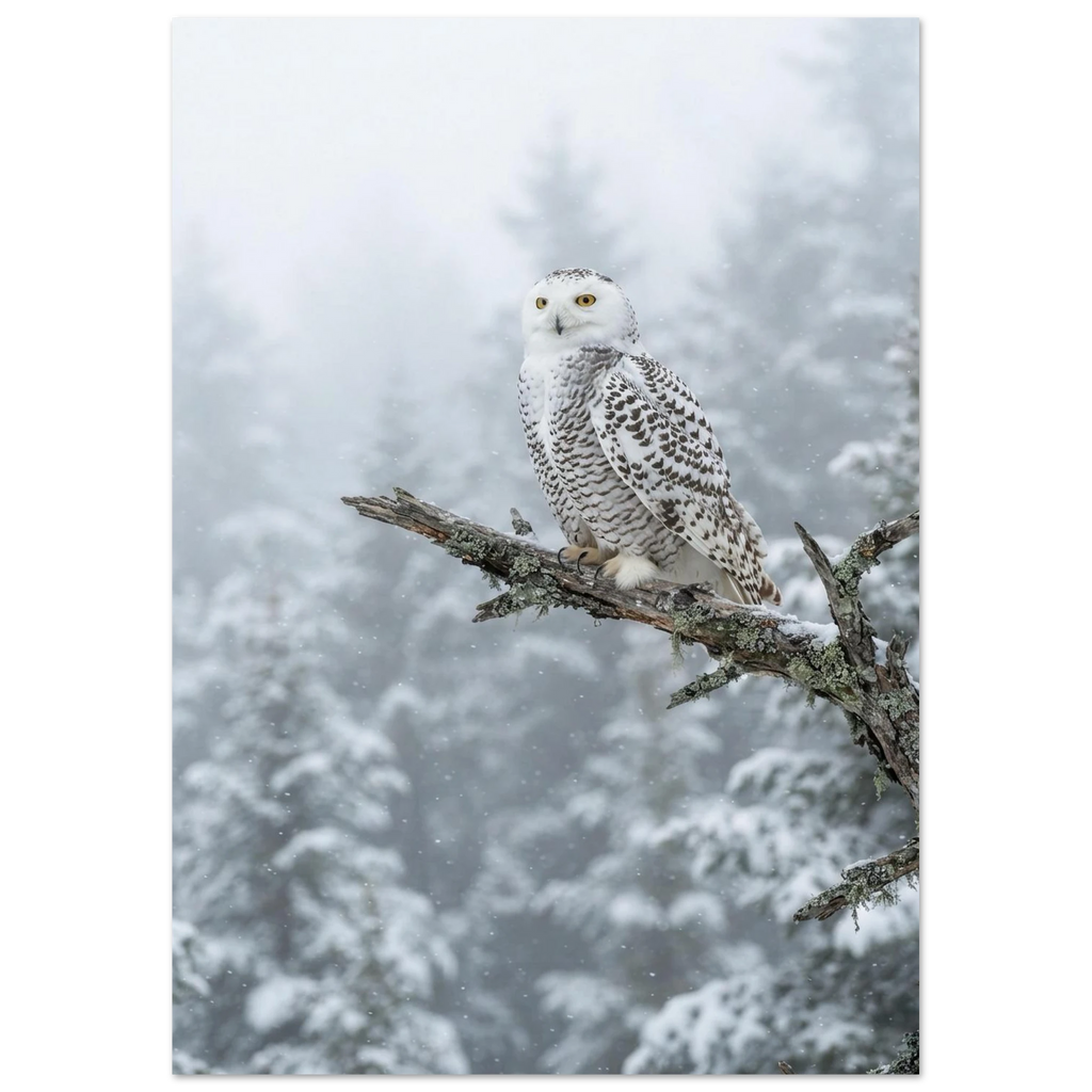Snowy Owl on a Branch, fine art print by Jonnadee