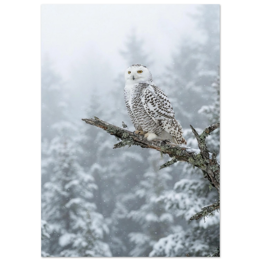 Snowy Owl on a Branch, fine art print by Jonnadee