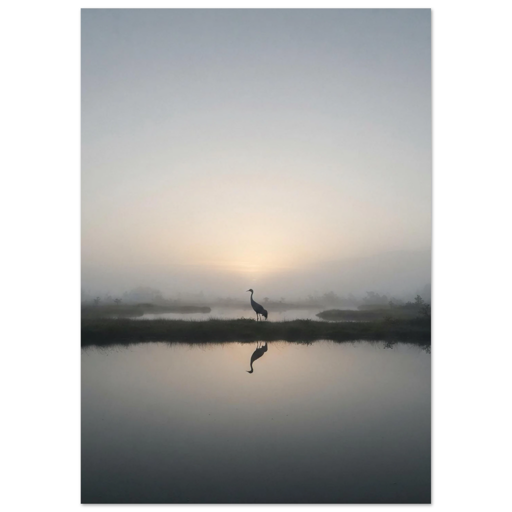 Crane in the Misty Mire, fine art print by Jonnadee