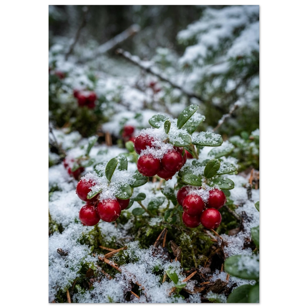 Lingonberries in Fresh Snow, fine art print by Jonnadee