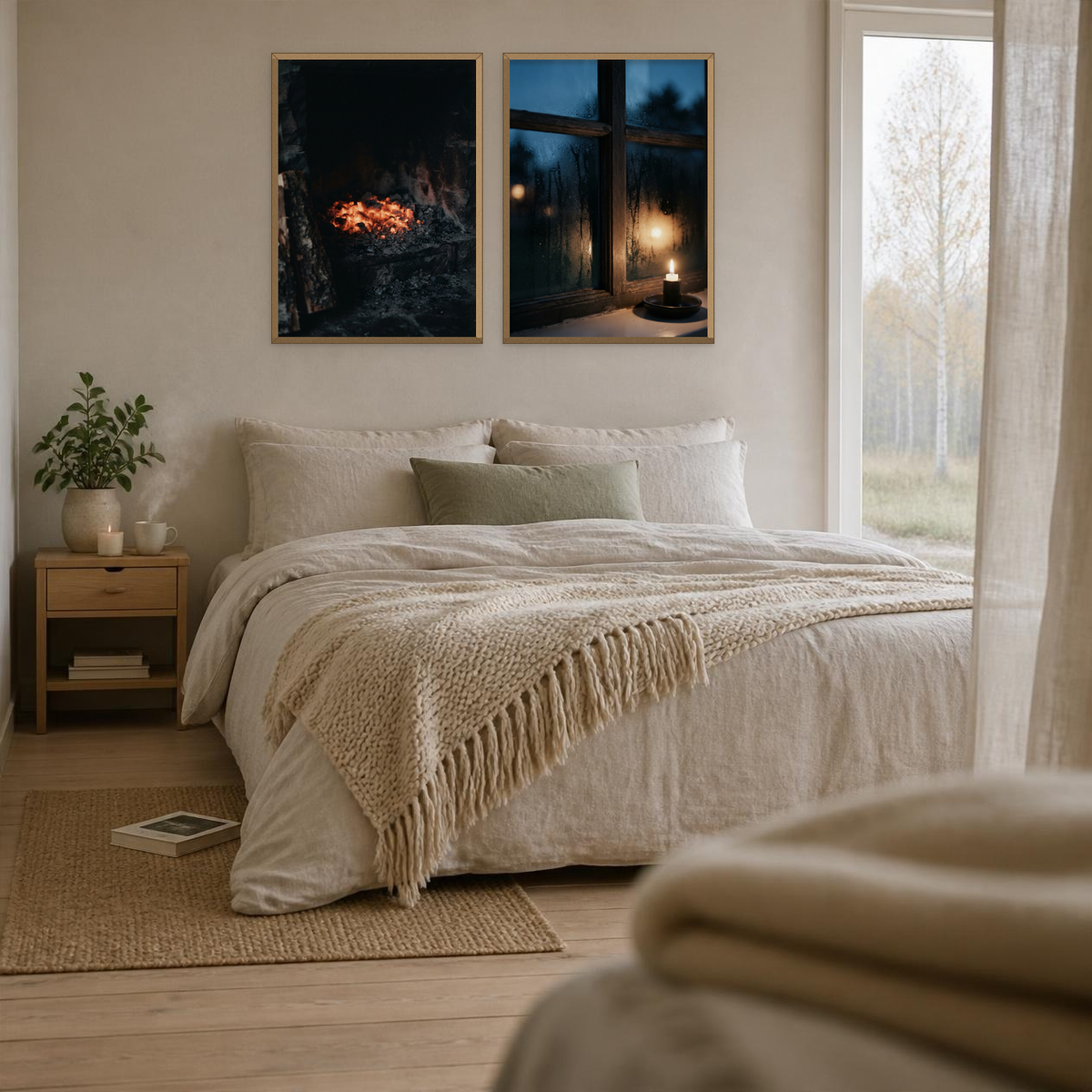 Candle in a window poster in a light oak frame, hanging as one of two posters above a bed