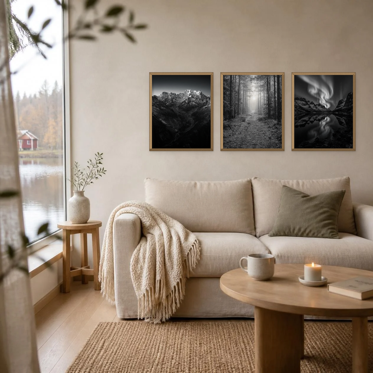 Black and white misty forest path poster in a light oak frame, hanging as one of three posters above a linen sofa