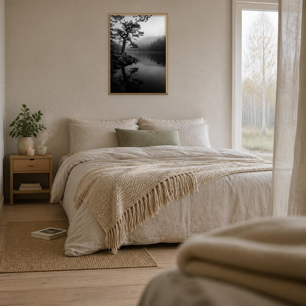 Pine Reflected in the Lake poster in a light oak frame above a bed