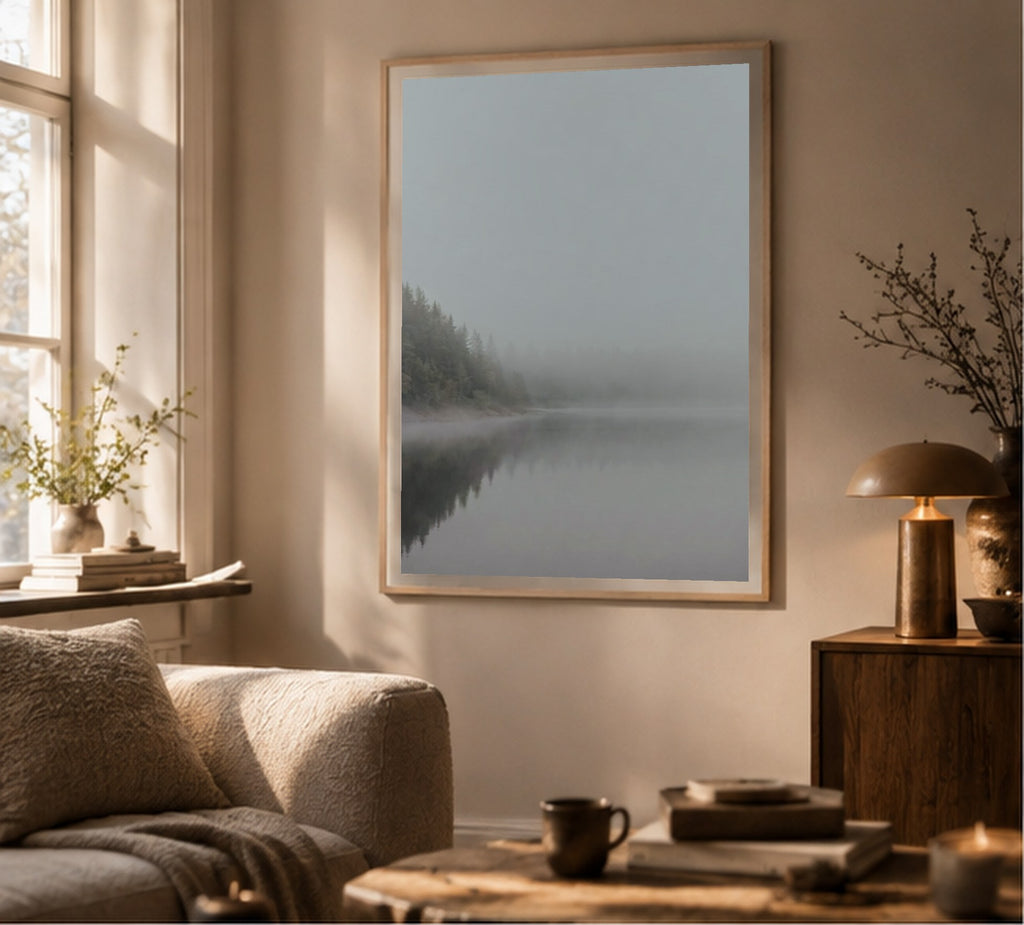 Still Water at Dawn art print, shown framed for inspiration in a sunlit living room