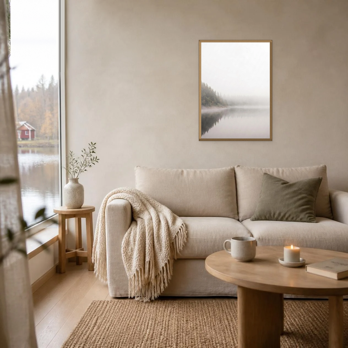 Still Water at Dawn poster in a light oak frame above a linen sofa