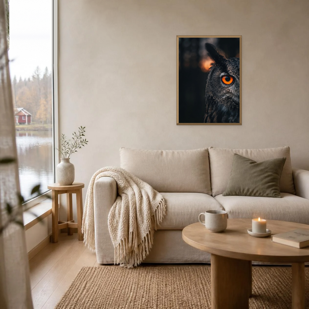 Dawn Watch poster in a light oak frame above a linen sofa