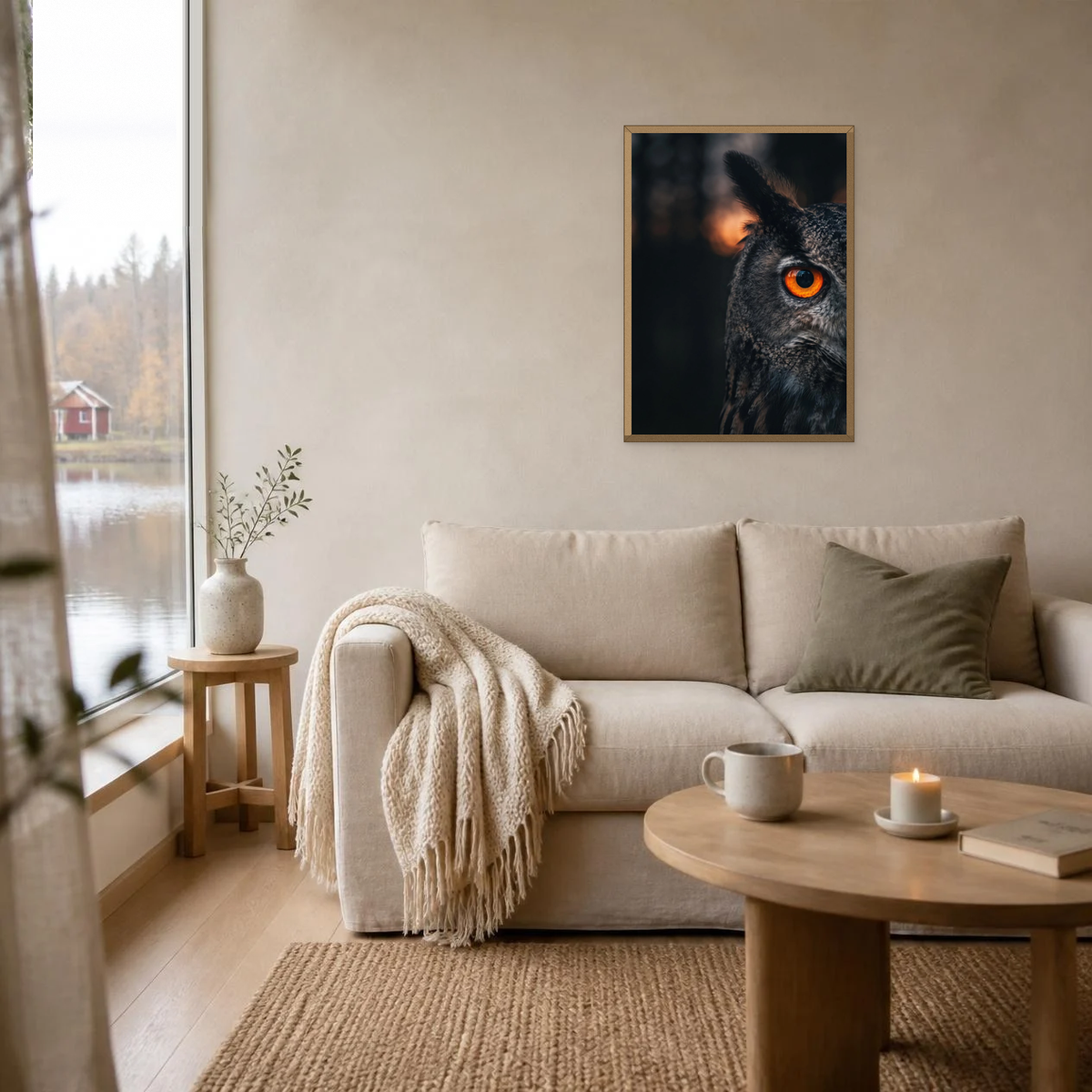 Dawn Watch poster in a light oak frame above a linen sofa
