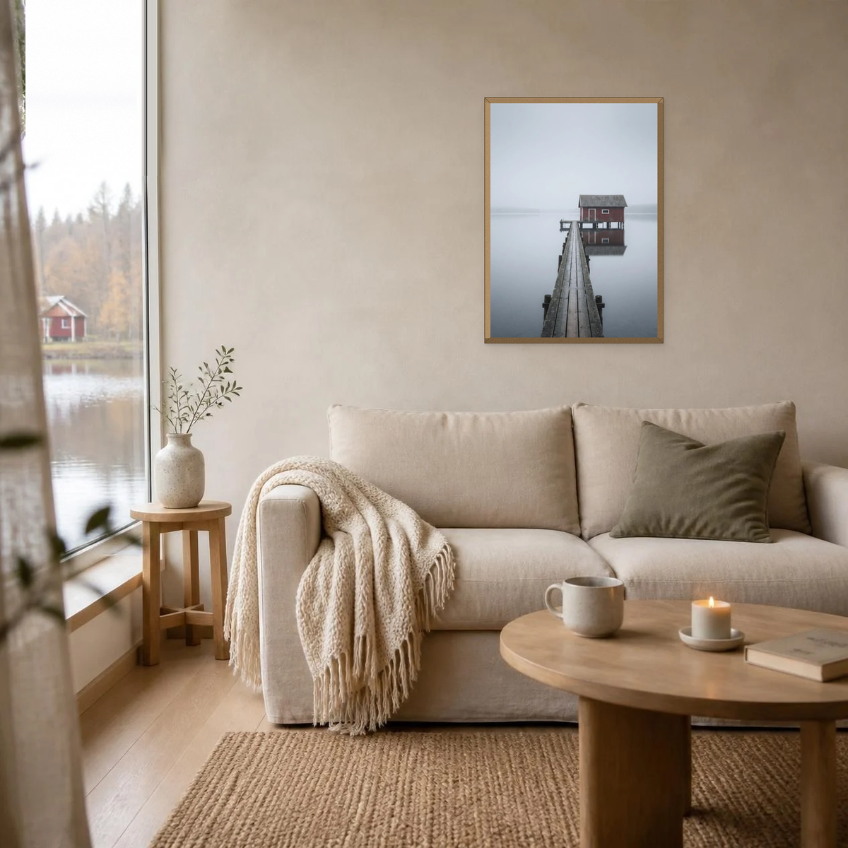 Anchored poster in a light oak frame above a linen sofa