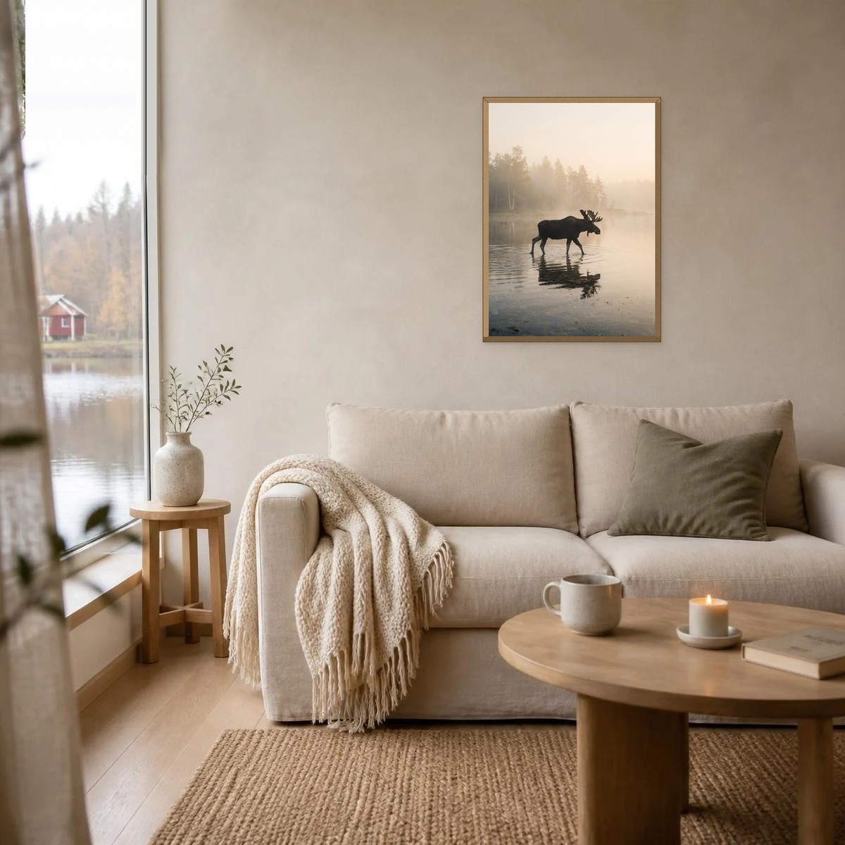 Through the Quiet poster in a light oak frame above a linen sofa