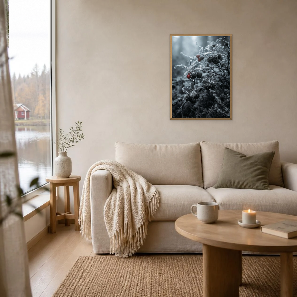 Frozen Dew on Berries poster in a light oak frame above a linen sofa