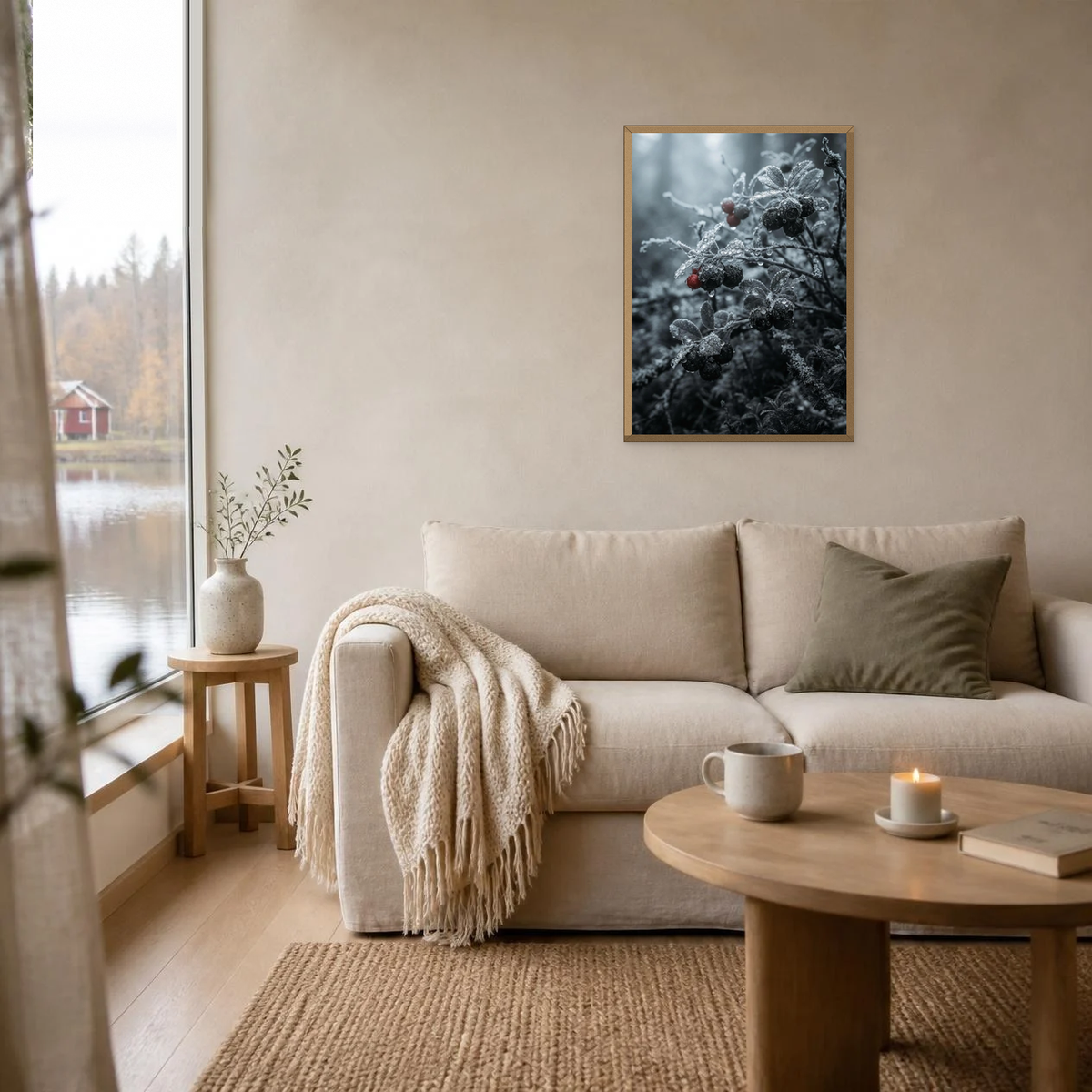 Frozen Dew on Berries poster in a light oak frame above a linen sofa