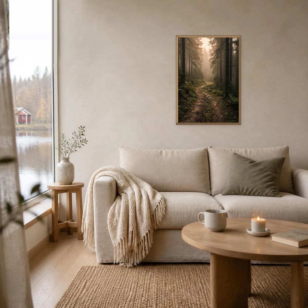 Path Through the Pine Forest poster in a light oak frame above a linen sofa