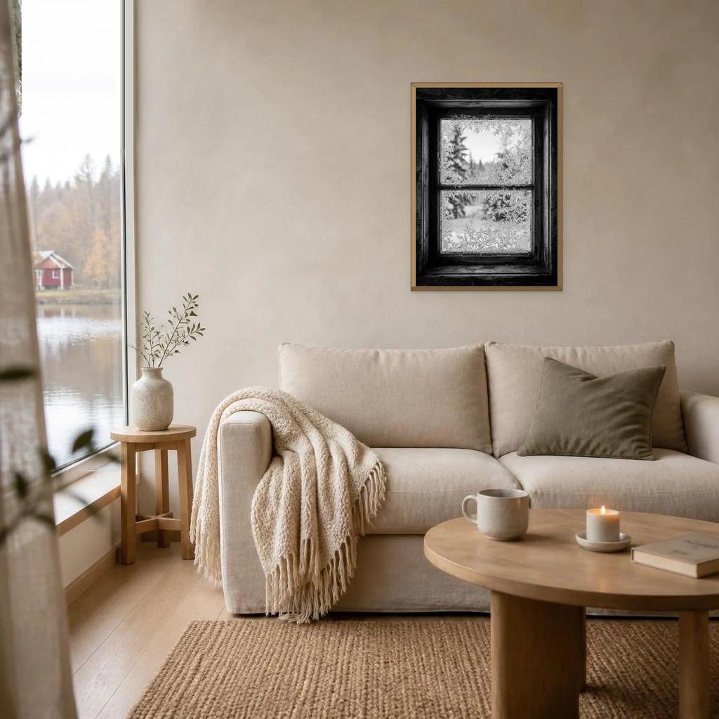 Spreading Frost poster in a light oak frame above a linen sofa