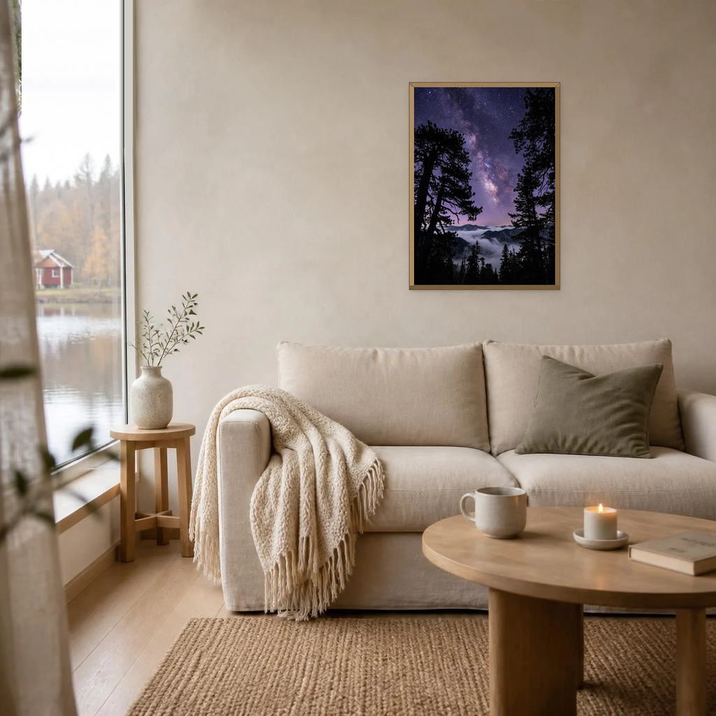 The Starlit Pines poster in a light oak frame above a linen sofa