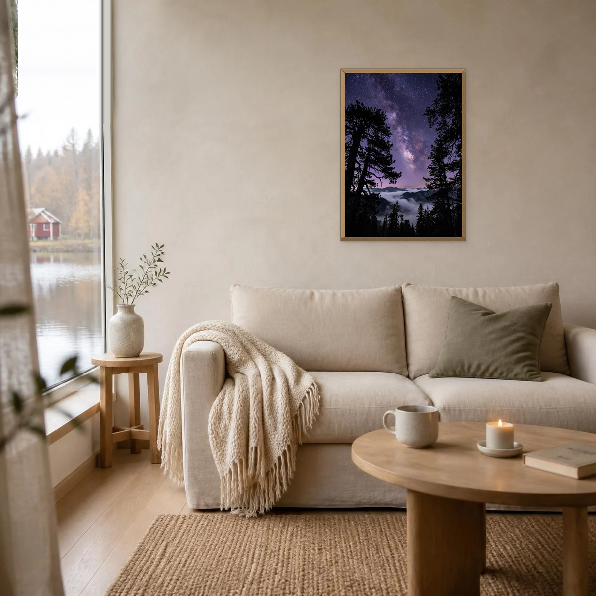 The Starlit Pines poster in a light oak frame above a linen sofa