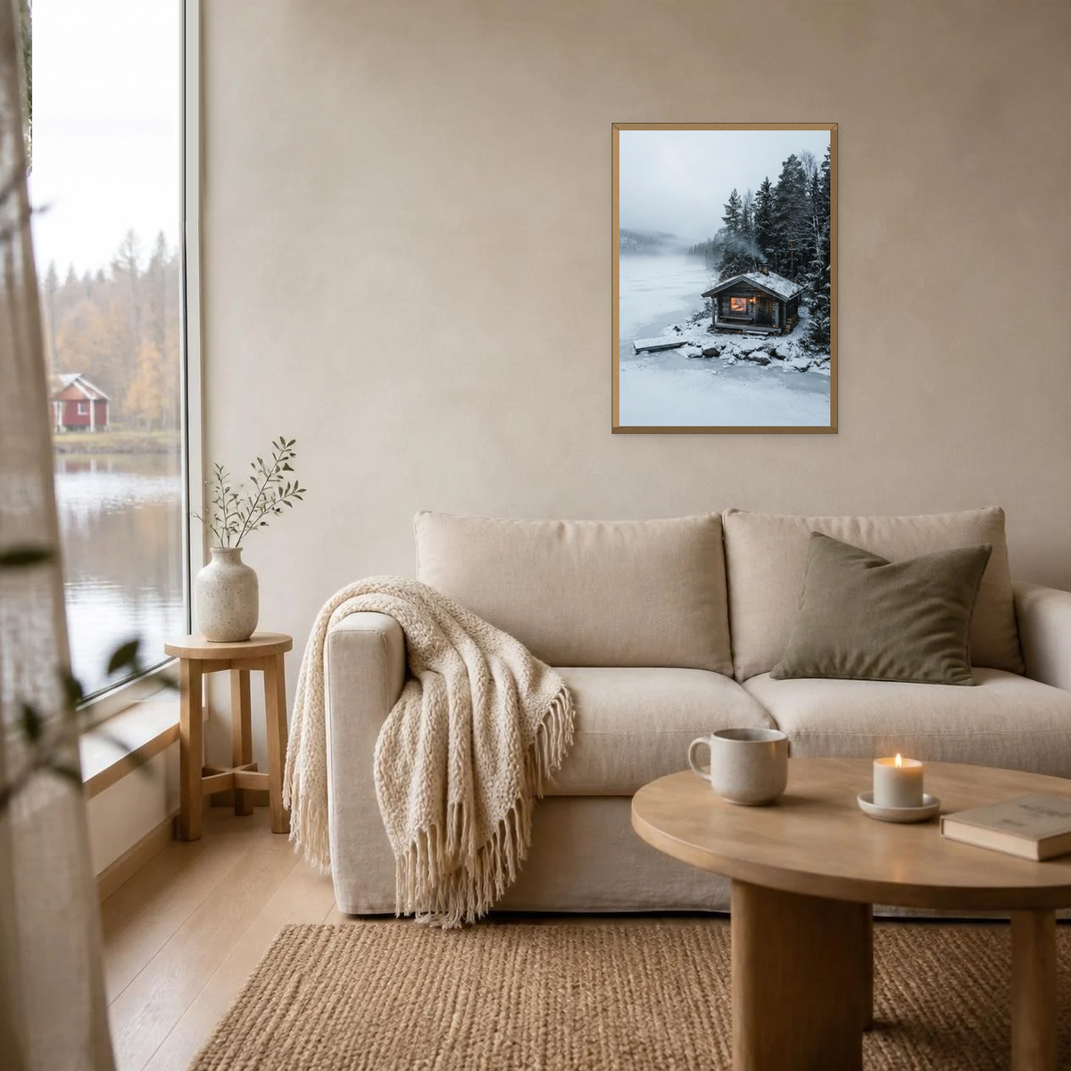 Sauna on the Frozen Lake poster in a light oak frame above a linen sofa