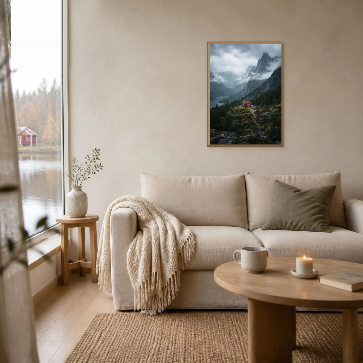 Red Cabin in the Mountains poster in a light oak frame above a linen sofa