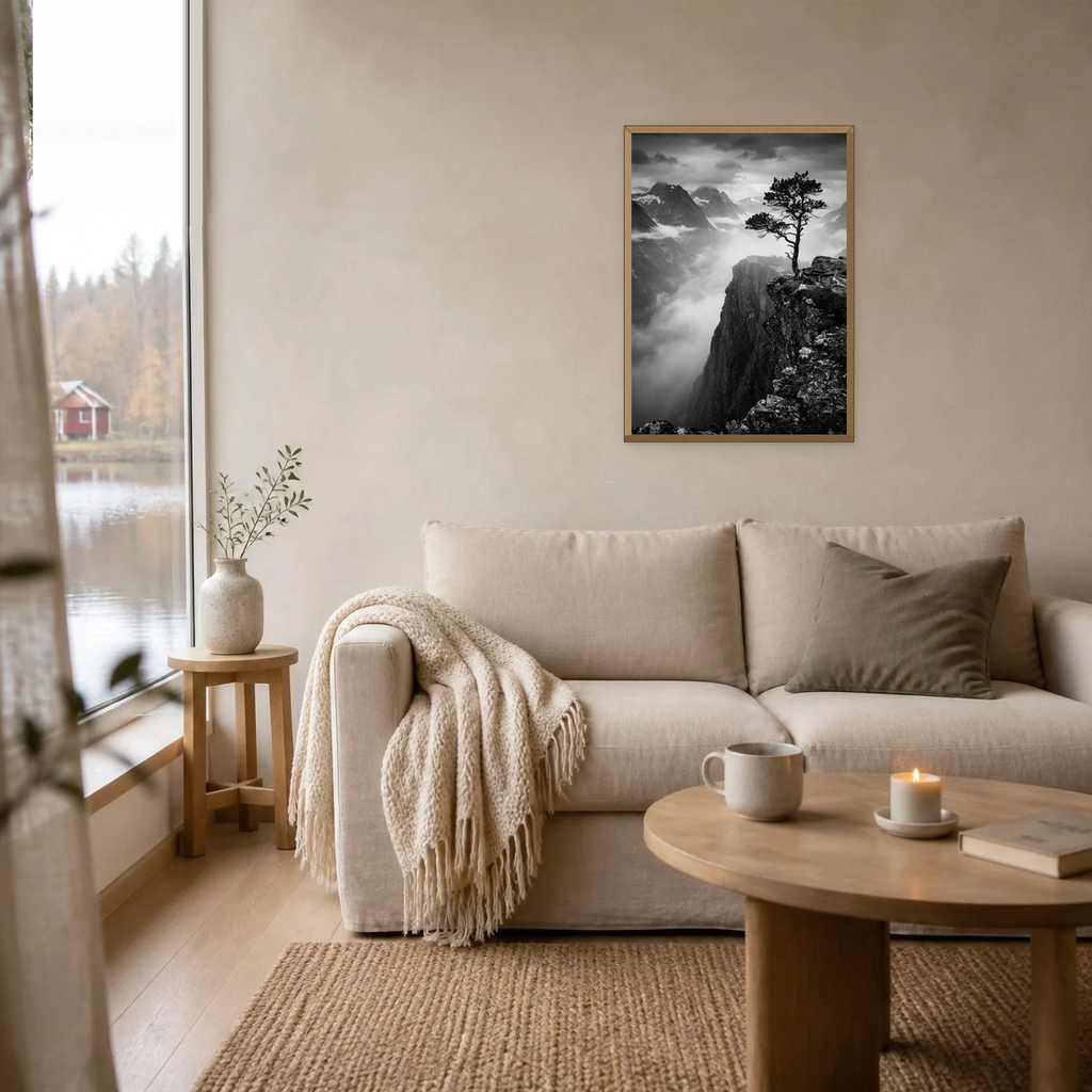Pine on the Cliff Edge poster in a light oak frame above a linen sofa