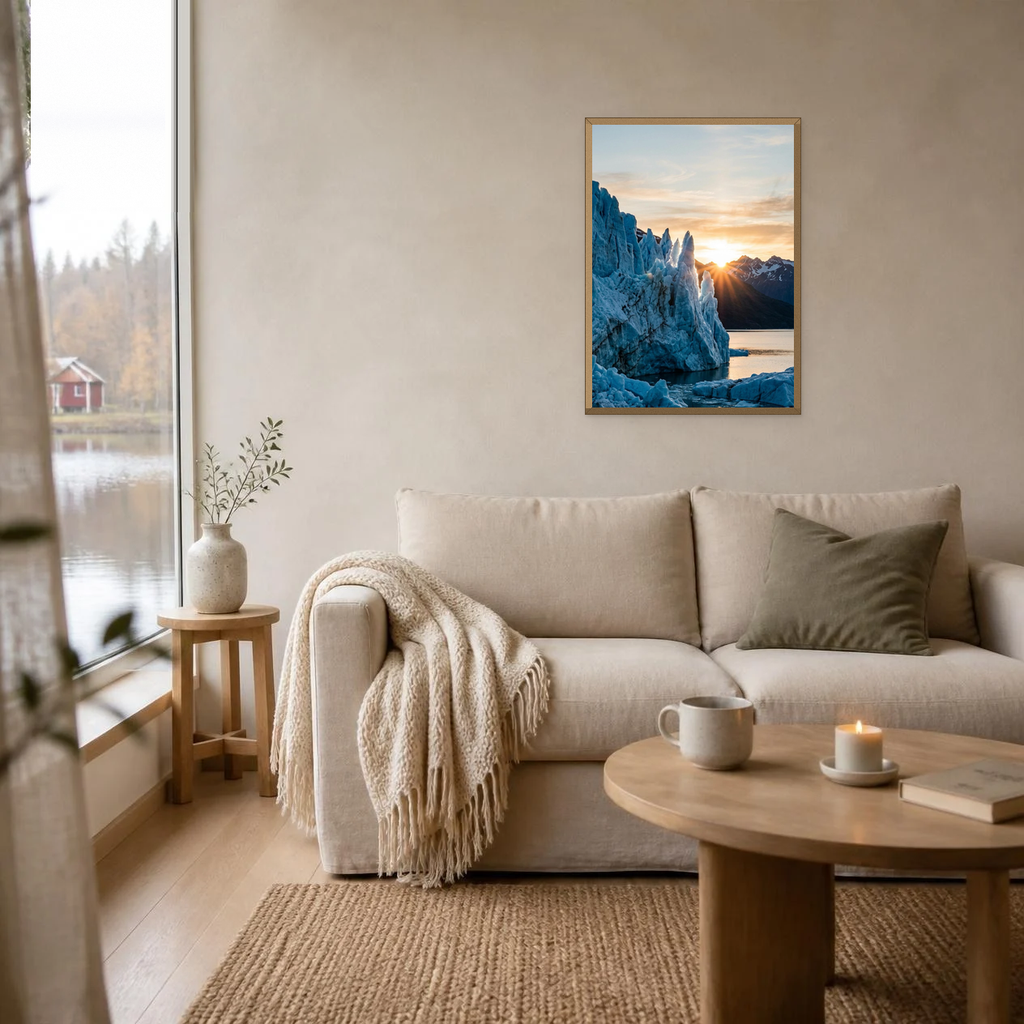 Sunbeams on the Blue Glacier poster in a light oak frame above a linen sofa