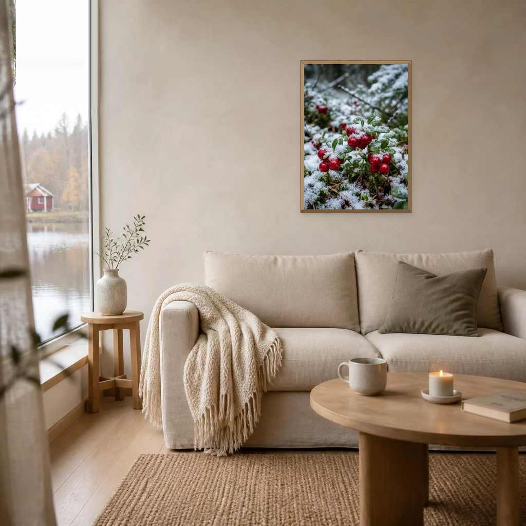 Lingonberries in Fresh Snow poster in a light oak frame above a linen sofa