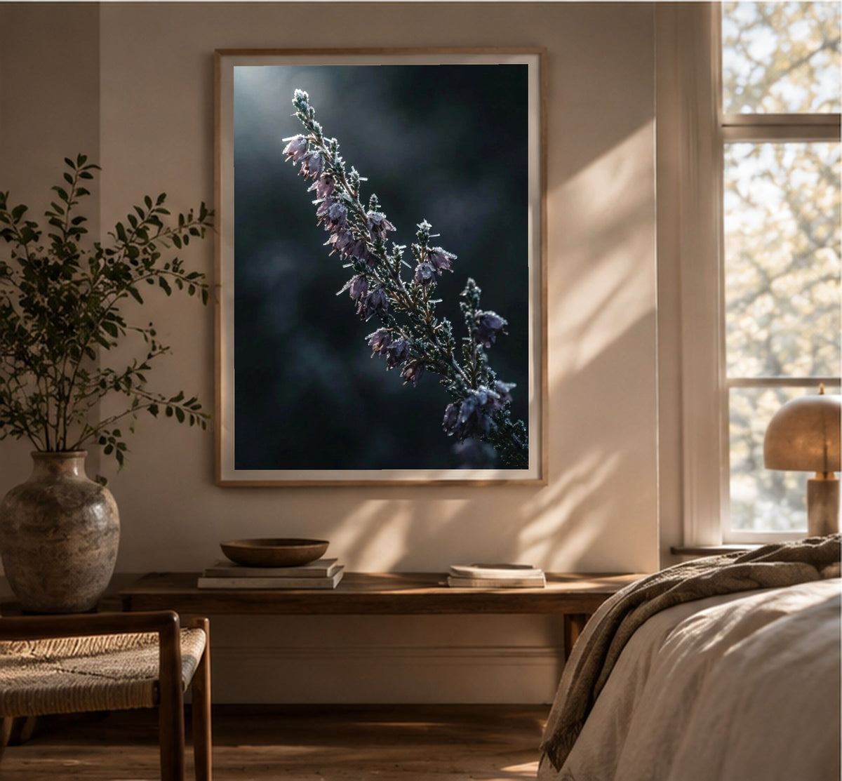 Heather on an Autumn Morning art print, shown framed for inspiration in a bright room with a plant