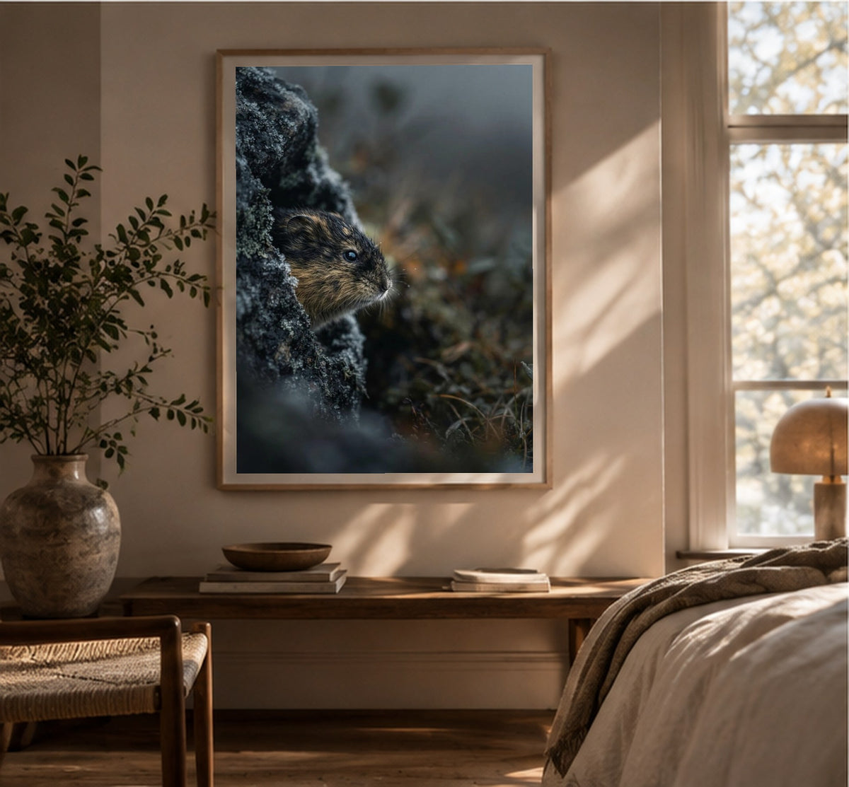 The Lemming Behind the Rock art print, shown framed for inspiration in a bright room with a plant