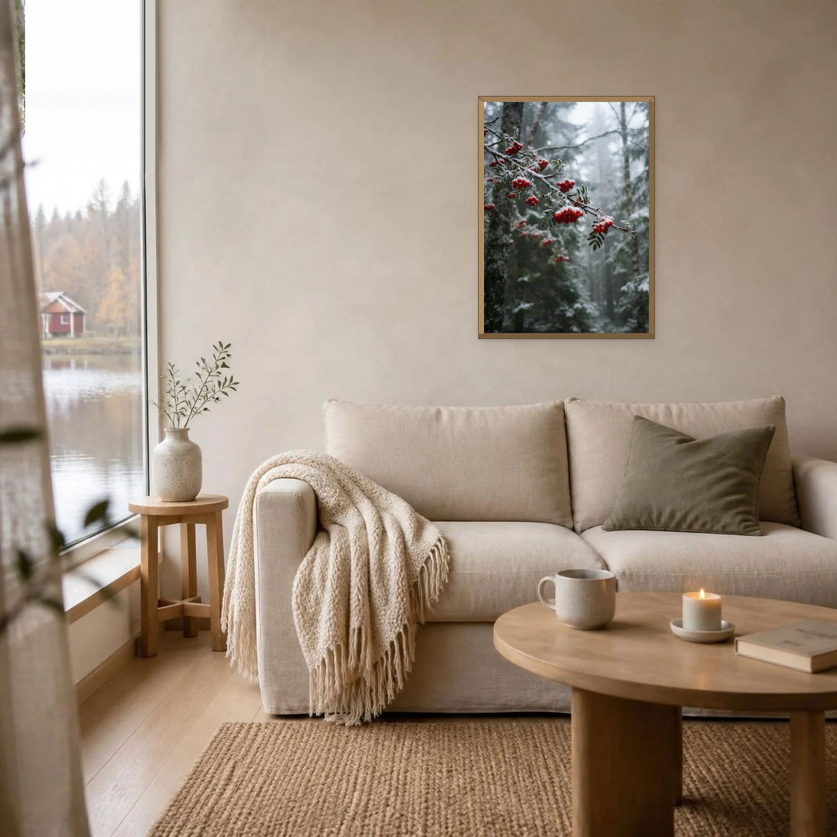 Rowan Berries in the Snow poster in a light oak frame above a linen sofa
