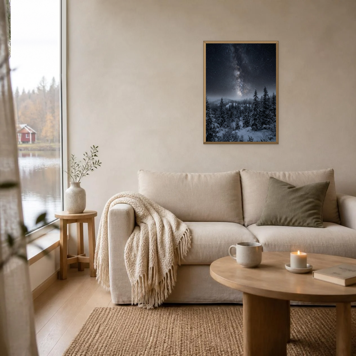 Starry Night Over the Pines poster in a light oak frame above a linen sofa