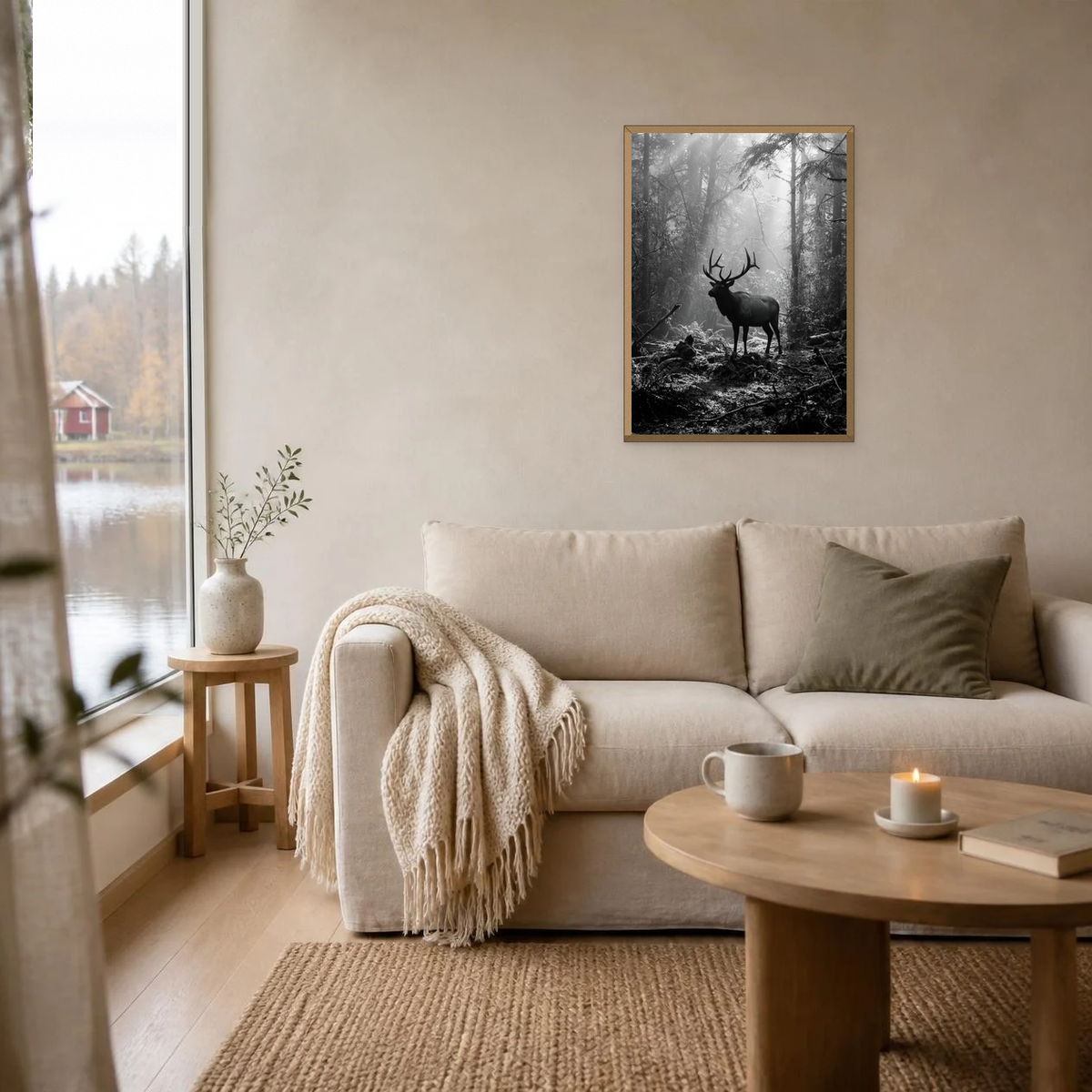 Elk Silhouette in the Clearing poster in a light oak frame above a linen sofa