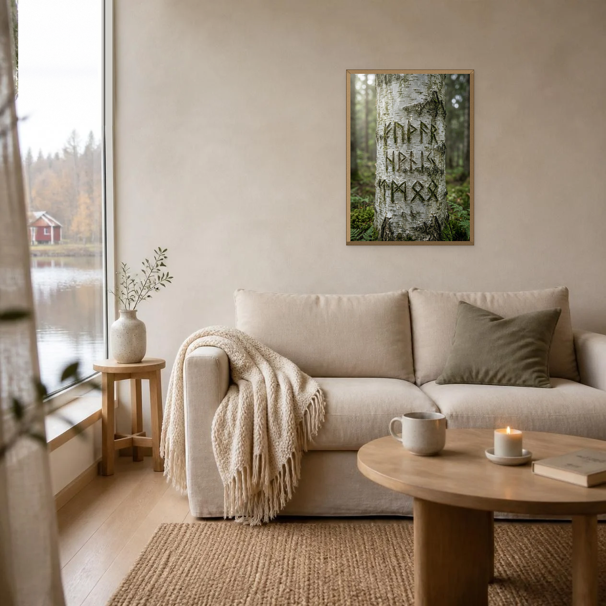 Runes in the Birch poster in a light oak frame above a linen sofa