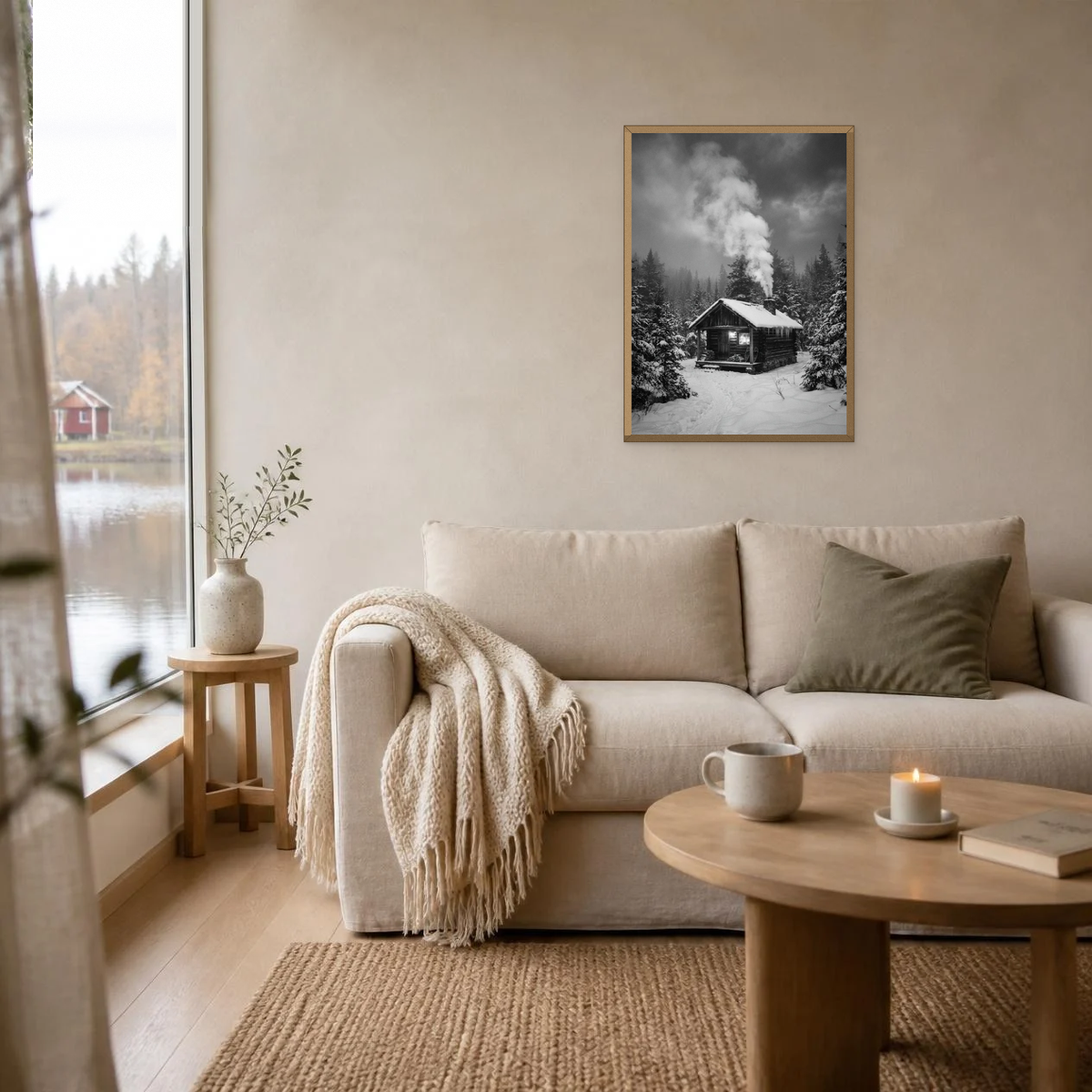 Smoke from the Chimney poster in a light oak frame above a linen sofa