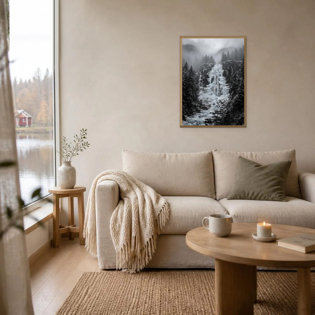 Frozen Waterfall at Night poster in a light oak frame above a linen sofa