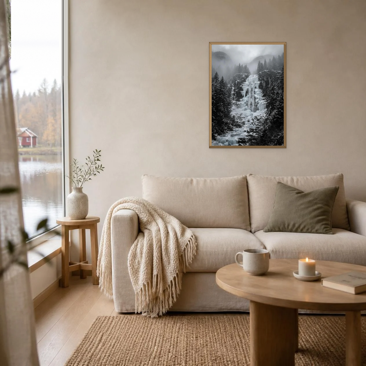 Frozen Waterfall at Night poster in a light oak frame above a linen sofa