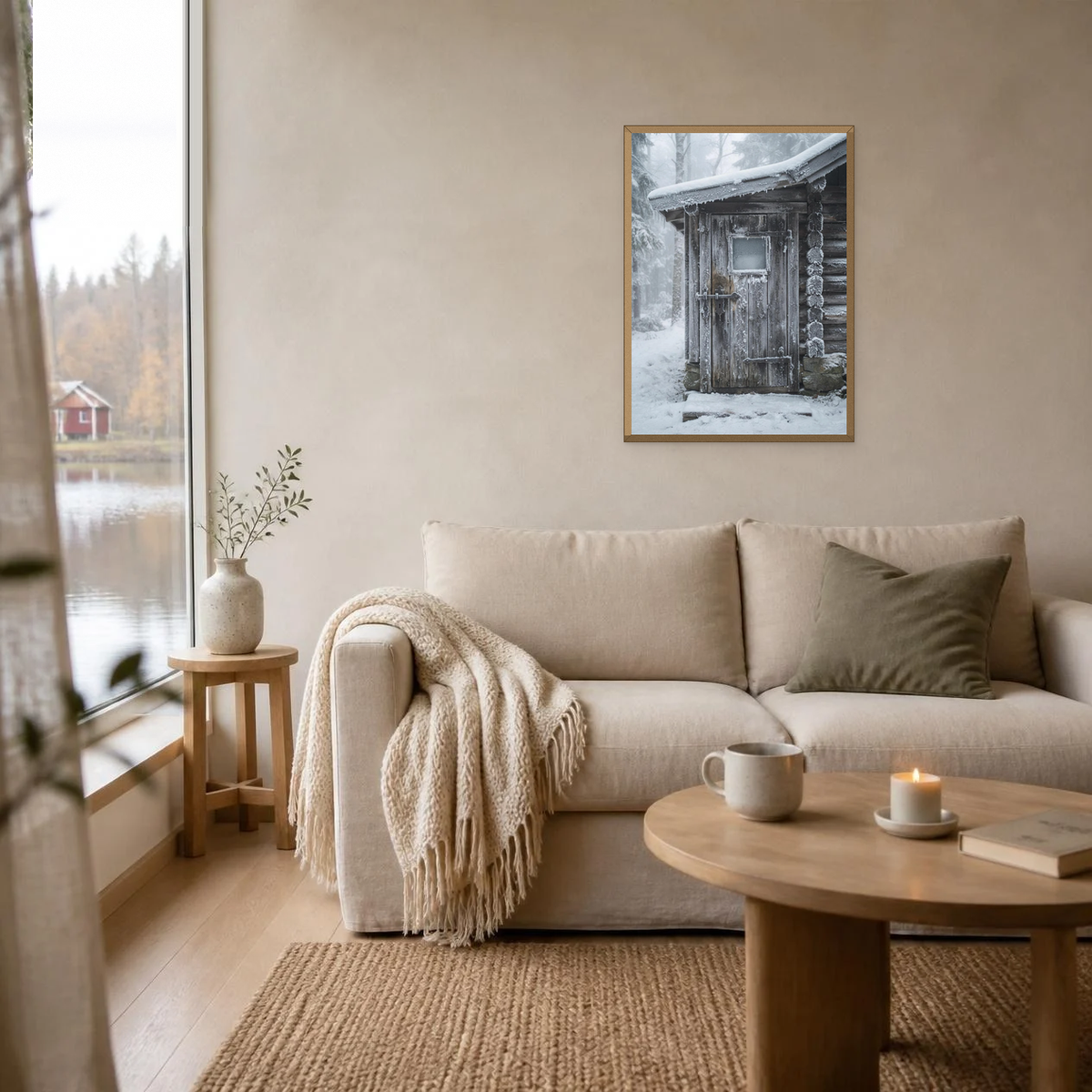 The Frosted Forest Door poster in a light oak frame above a linen sofa