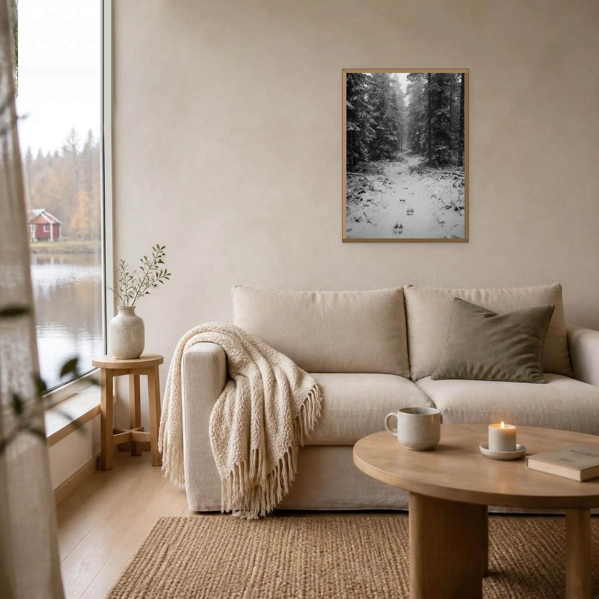 Reindeer Tracks in the Forest poster in a light oak frame above a linen sofa