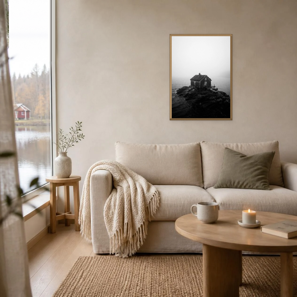 Fishing Shack in the Night Fog poster in a light oak frame above a linen sofa