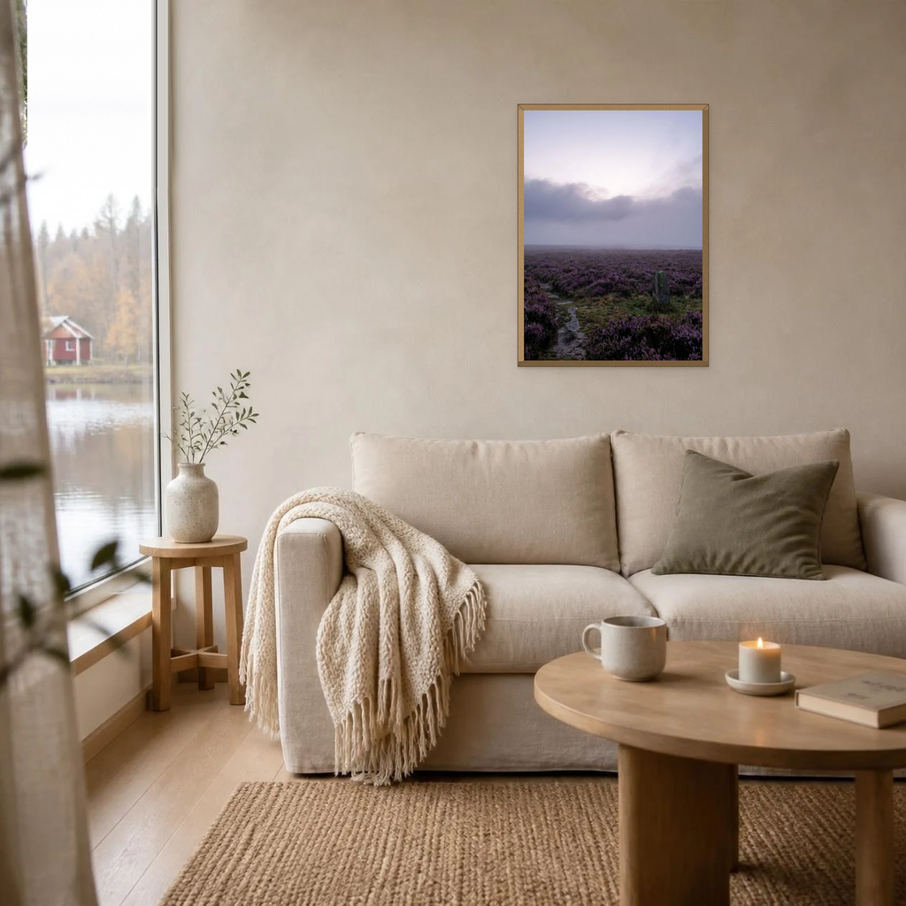 Purple Heather Field poster in a light oak frame above a linen sofa