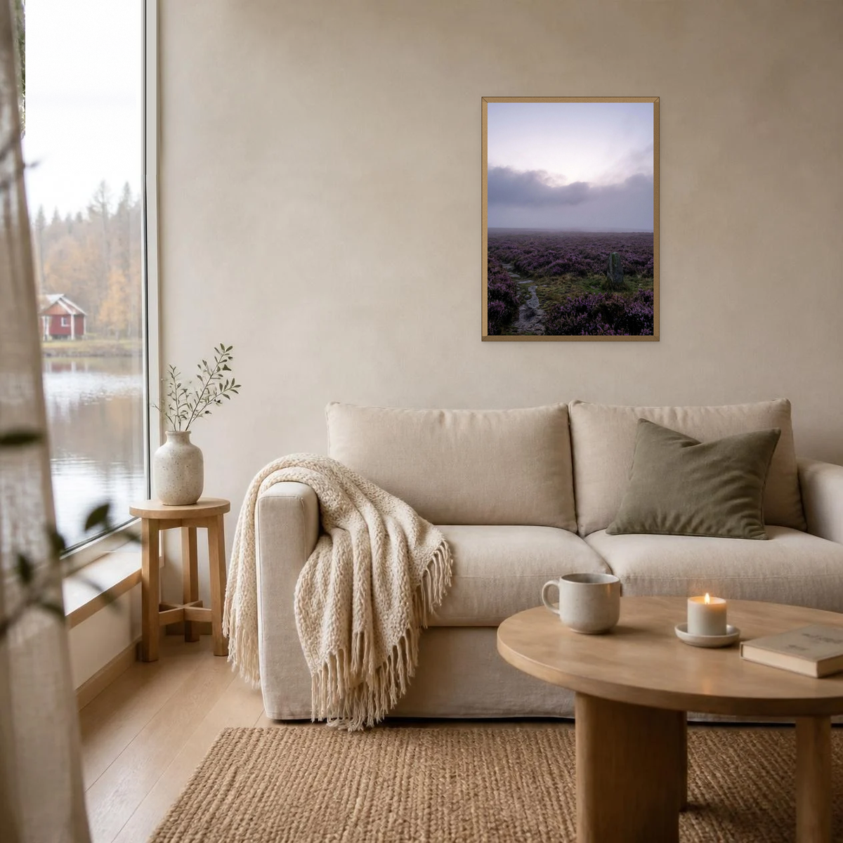 Purple Heather Field poster in a light oak frame above a linen sofa