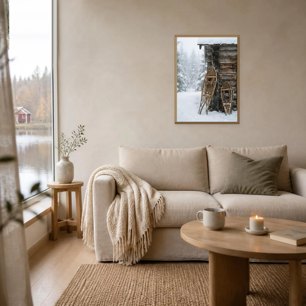 Snowshoes by the Cabin Wall poster in a light oak frame above a linen sofa