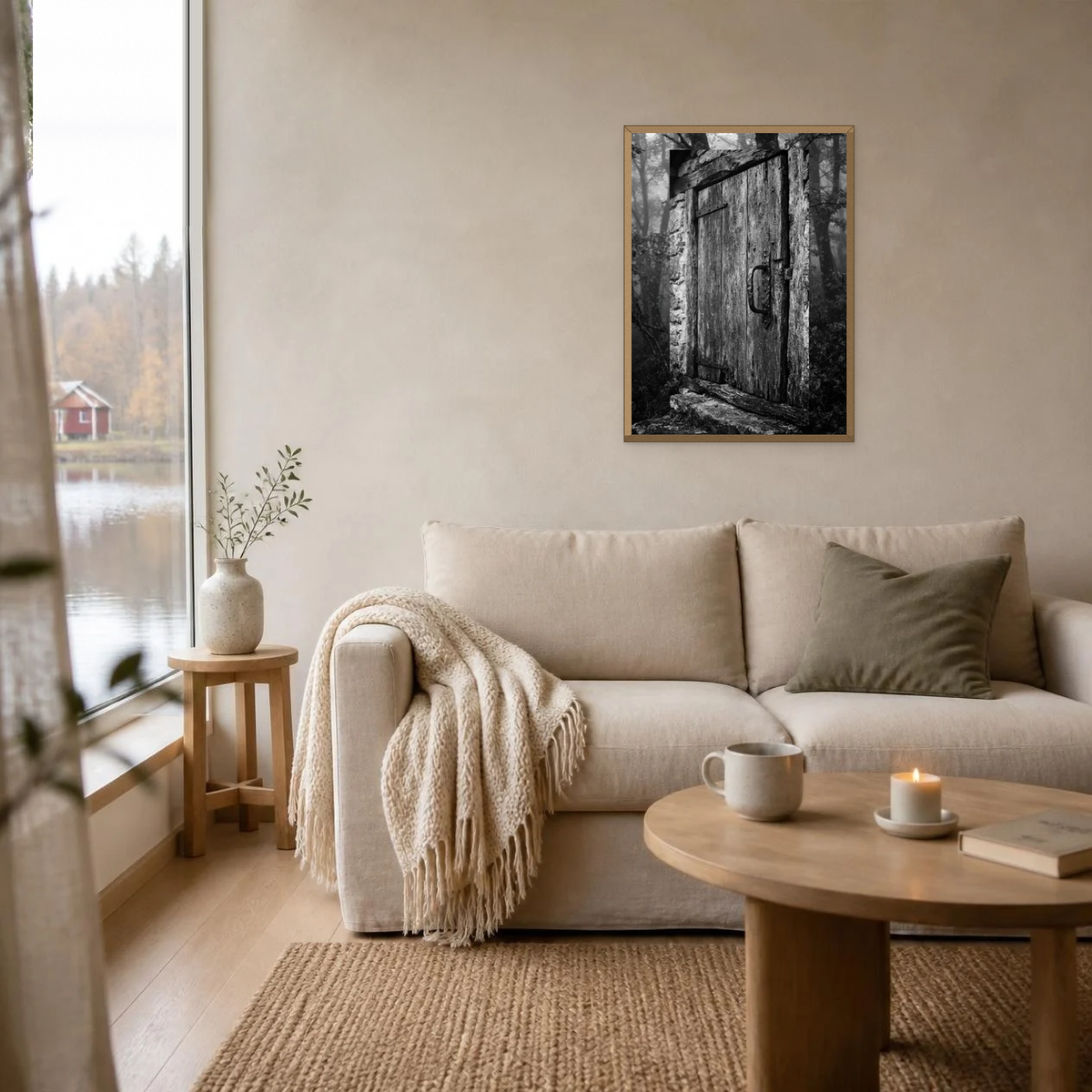 Door in the Foggy Forest poster in a light oak frame above a linen sofa