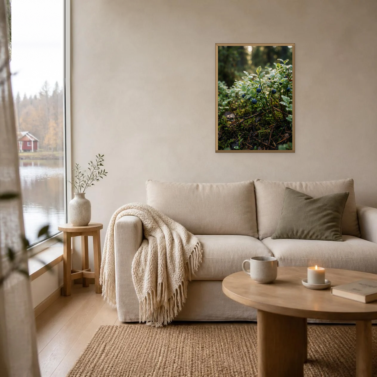Blueberries in the Dew poster in a light oak frame above a linen sofa