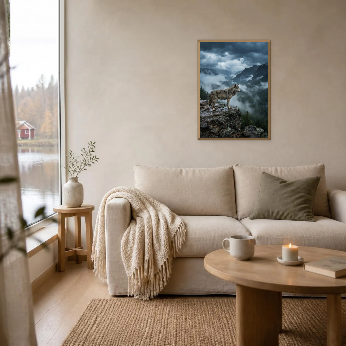 Wolf on the Rocky Ledge poster in a light oak frame above a linen sofa