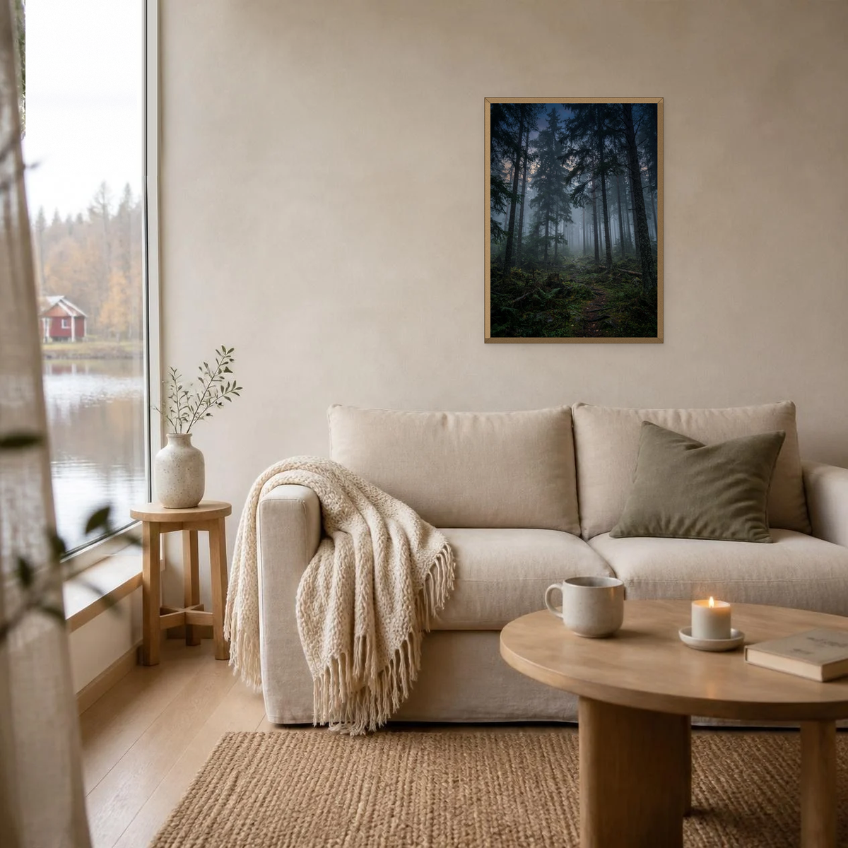 Fog Through the Pine Forest poster in a light oak frame above a linen sofa