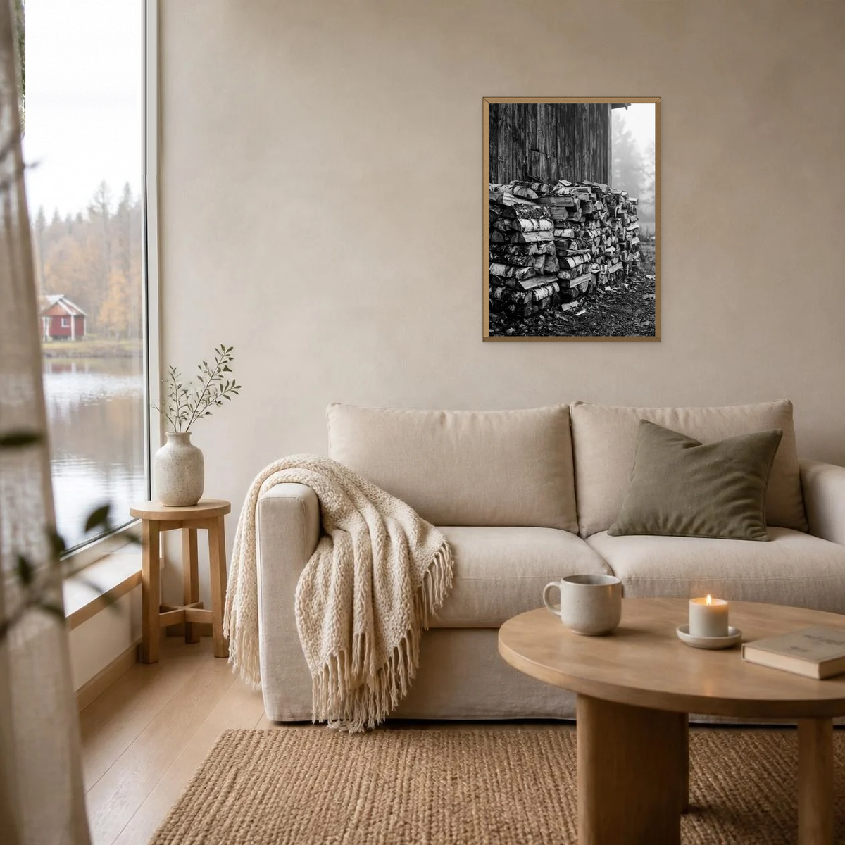 Stacked Birch Firewood poster in a light oak frame above a linen sofa