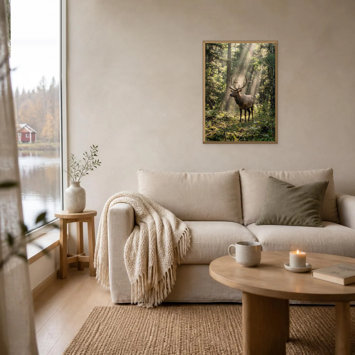 The Solitary Elk poster in a light oak frame above a linen sofa
