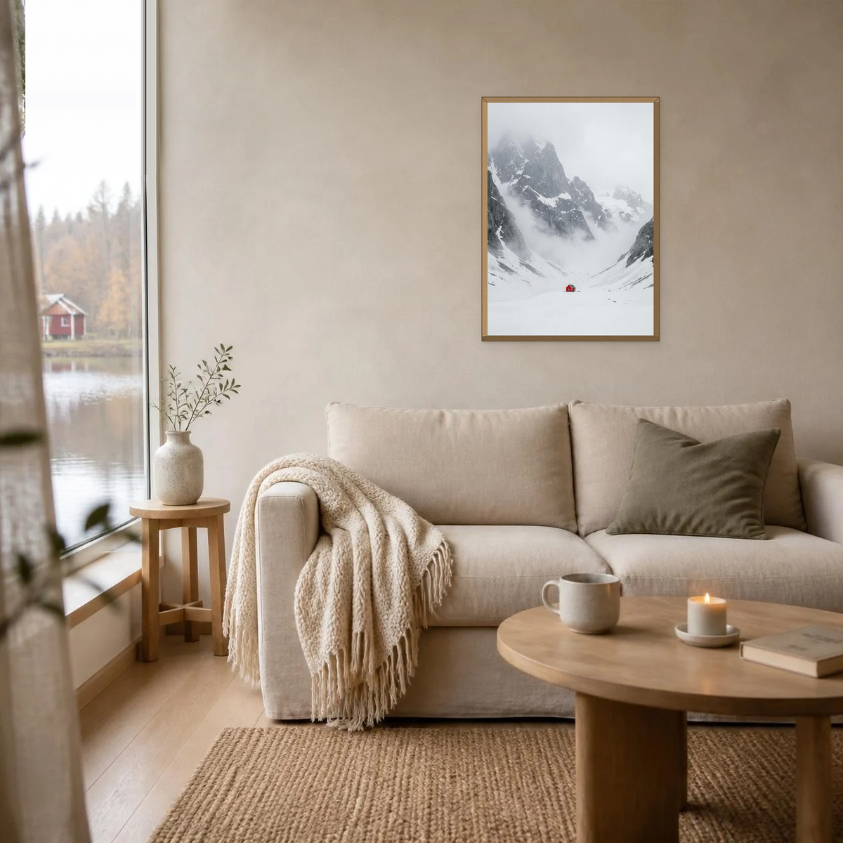 Red Cabin in the Mountain Pass poster in a light oak frame above a linen sofa