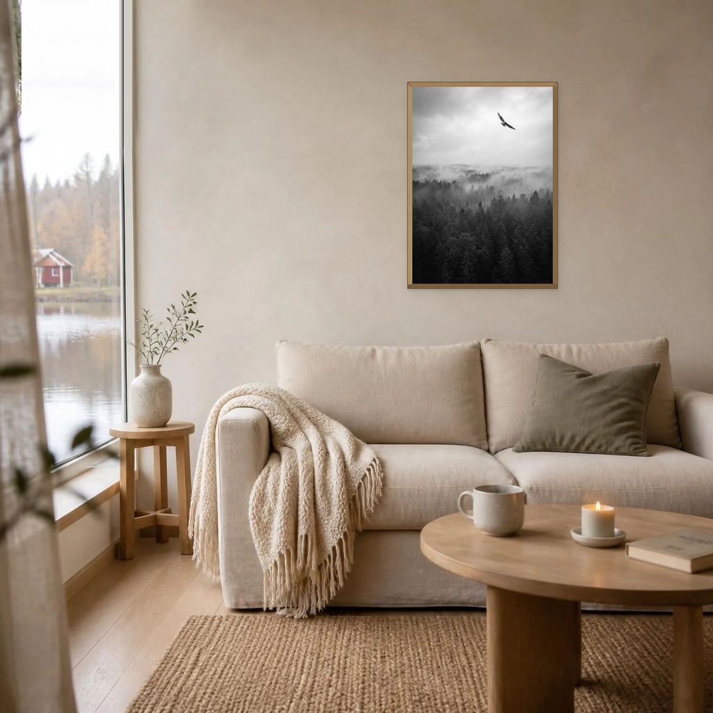 Hawk Over the Pine Forest poster in a light oak frame above a linen sofa