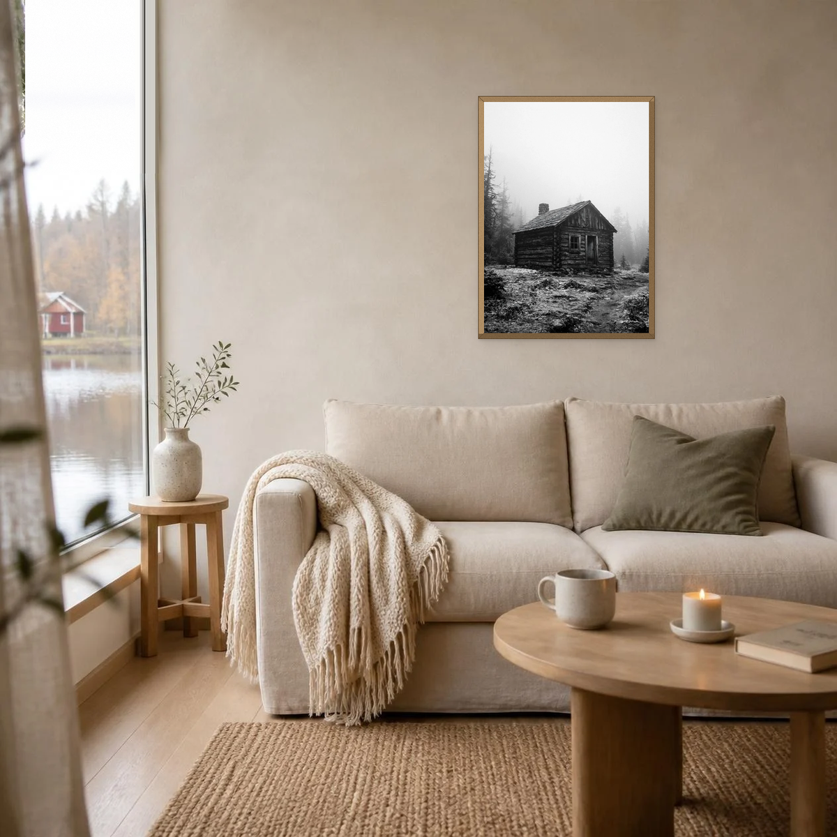 Log Cabin in the Fog poster in a light oak frame above a linen sofa