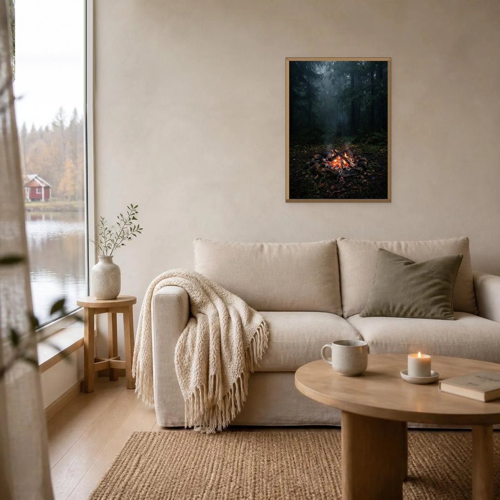Campfire in the Clearing poster in a light oak frame above a linen sofa